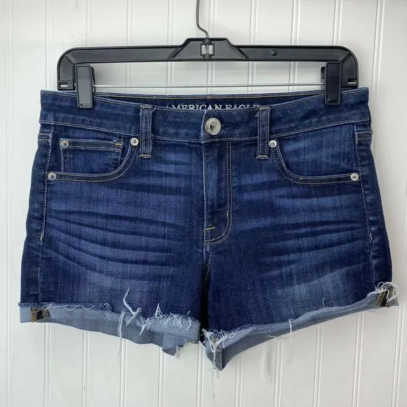 American Eagle Shortie 8 Midrise Super Stretch Denim Shorts Dark Raw Hem EUC - Picture 1 of 10